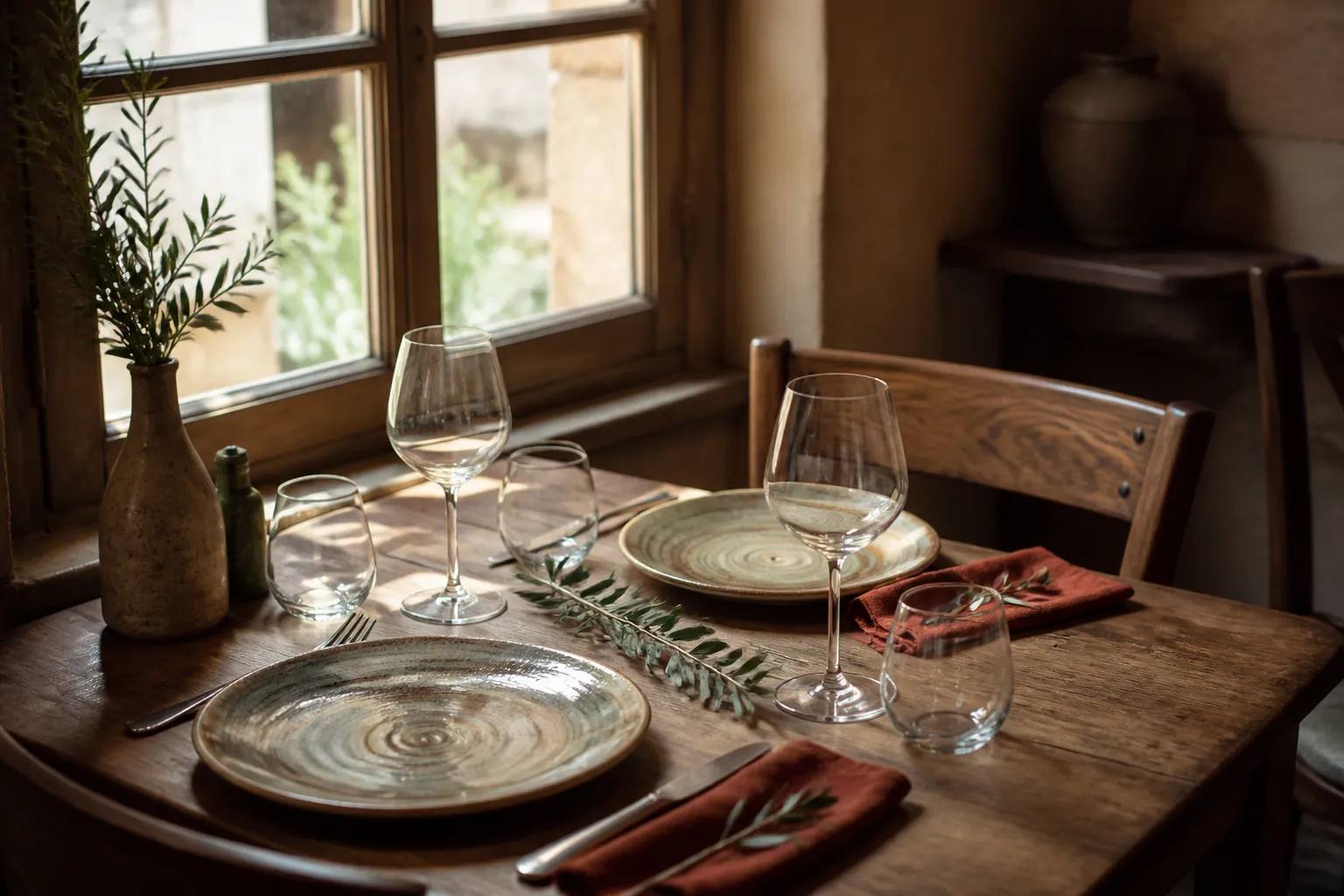 Table de restaurant dressée près d’une fenêtre lumineuse