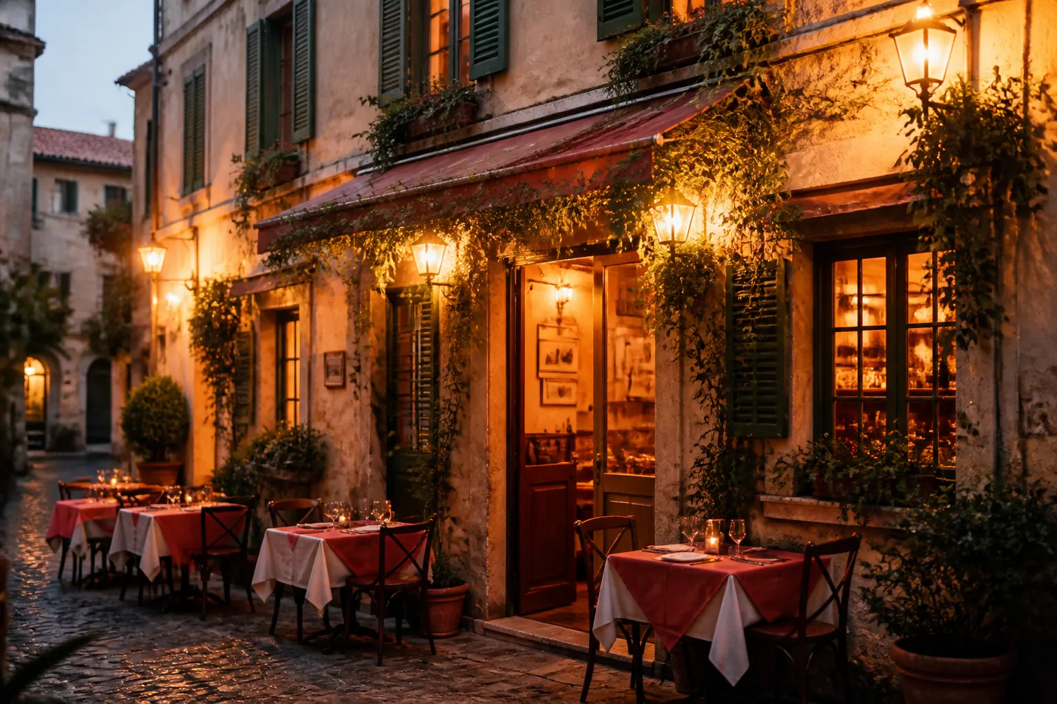Façade chaleureuse d’une trattoria italienne à la tombée du jour