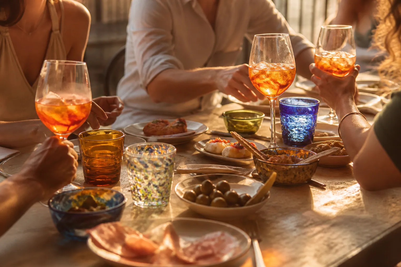 Verres et petites assiettes préparés pour un apéritif italien