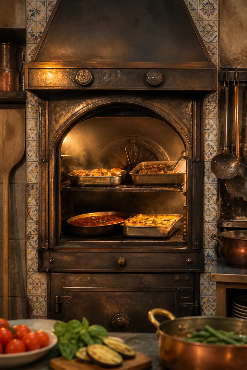 Four de cuisine et plats en préparation