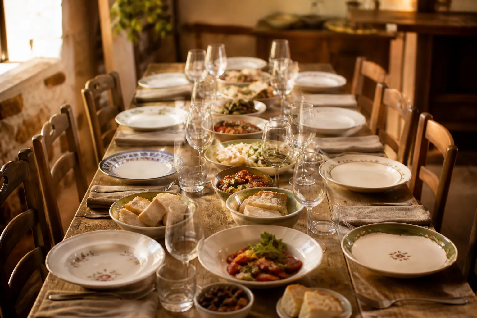 Grande table italienne dressée pour un repas partagé