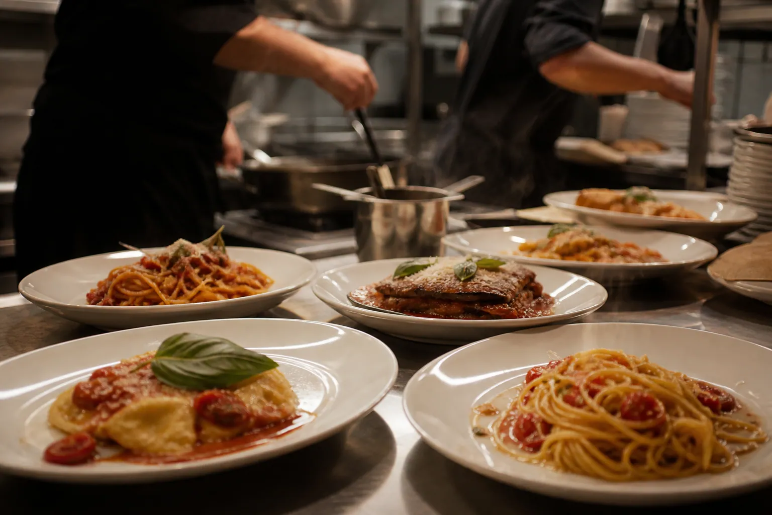 Passe de cuisine avec assiettes italiennes prêtes au service