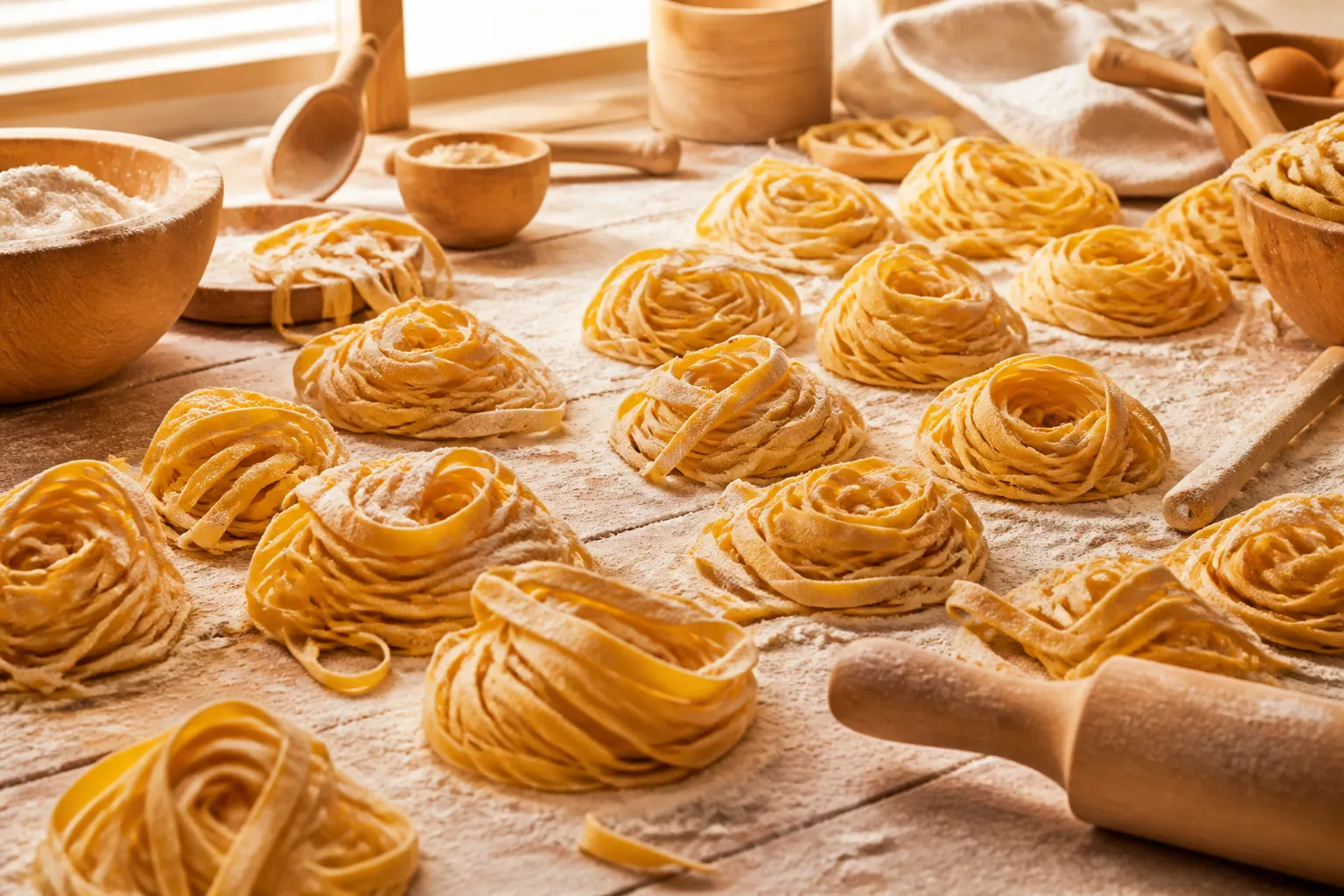 Rubans de pâtes fraîches disposés sur une table farinée