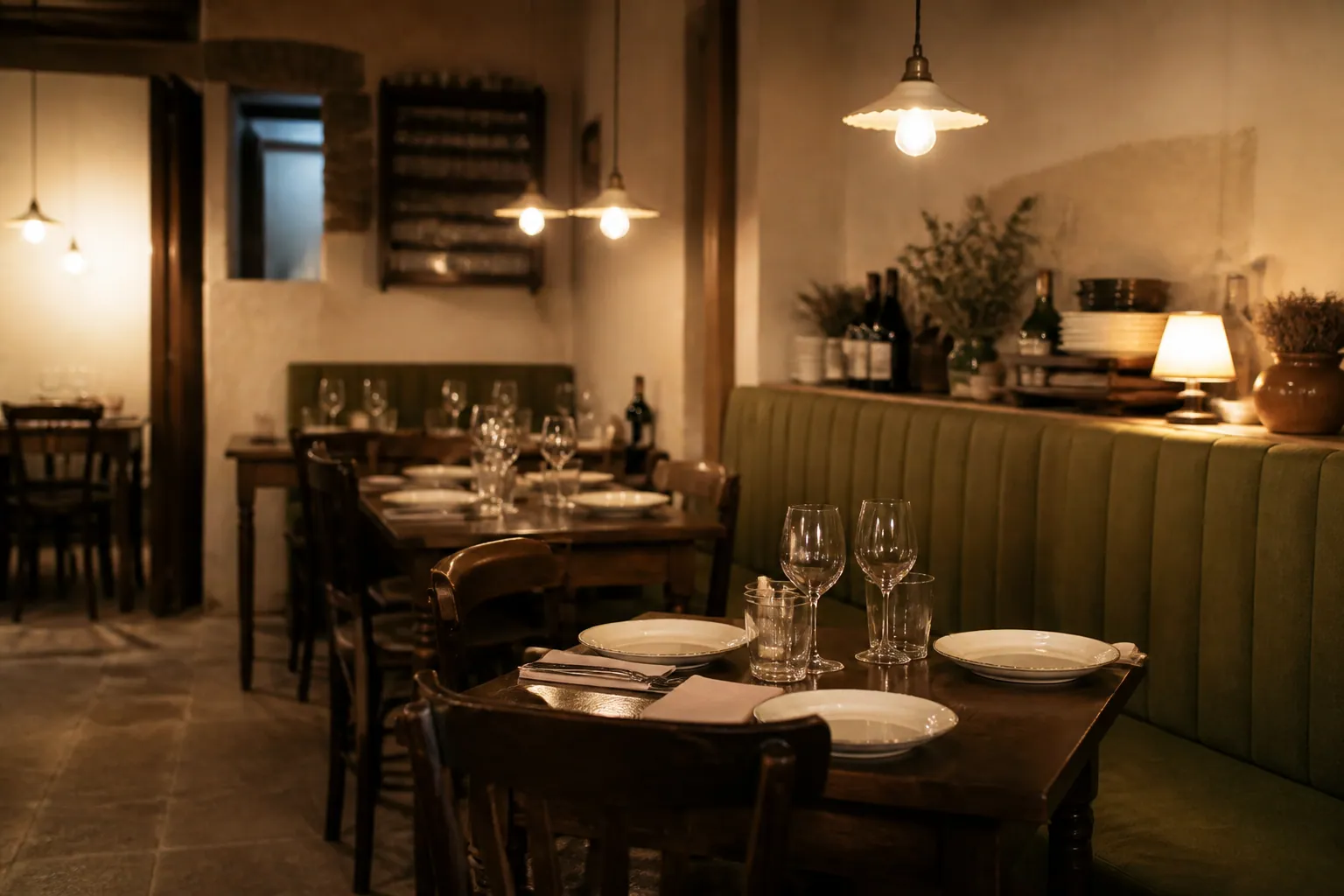 Salle de trattoria avec tables en bois et lumière douce