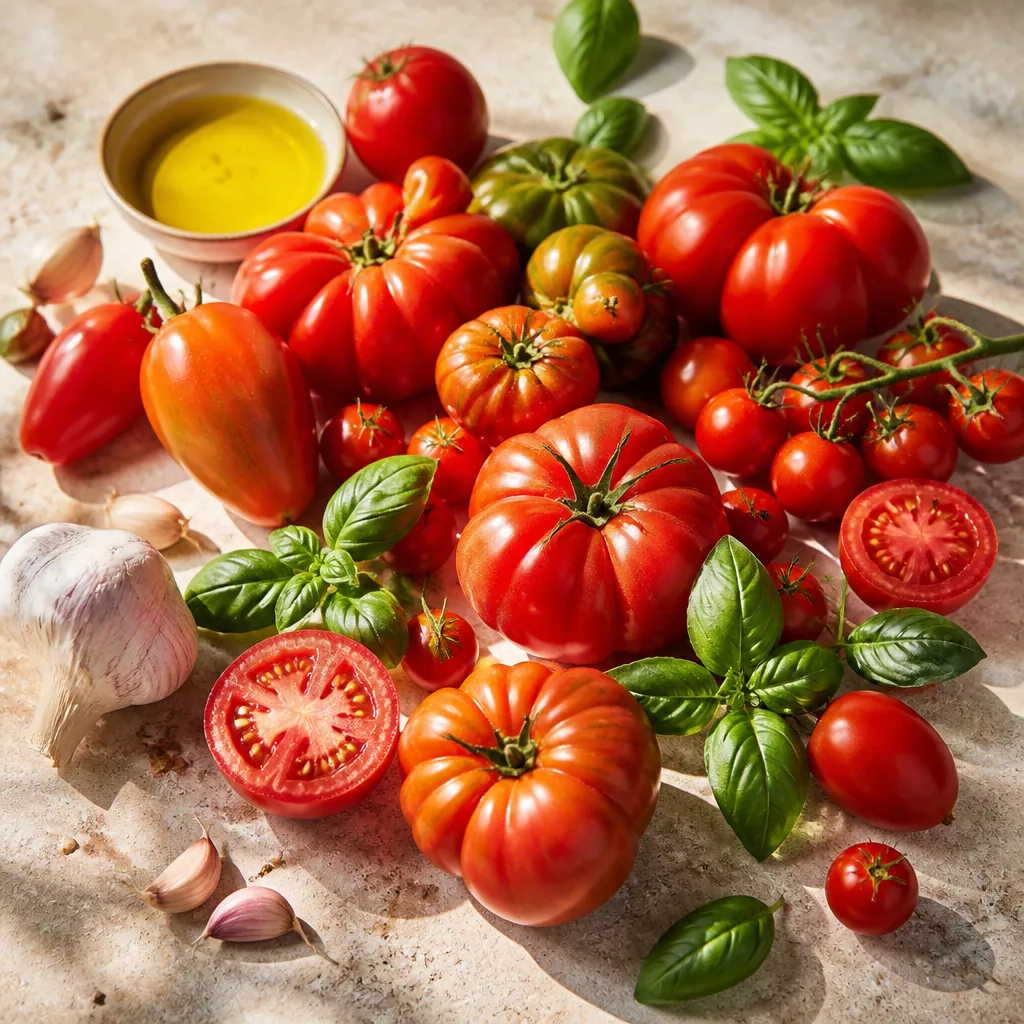 Tomates mûres, herbes et huile d’olive sur une table